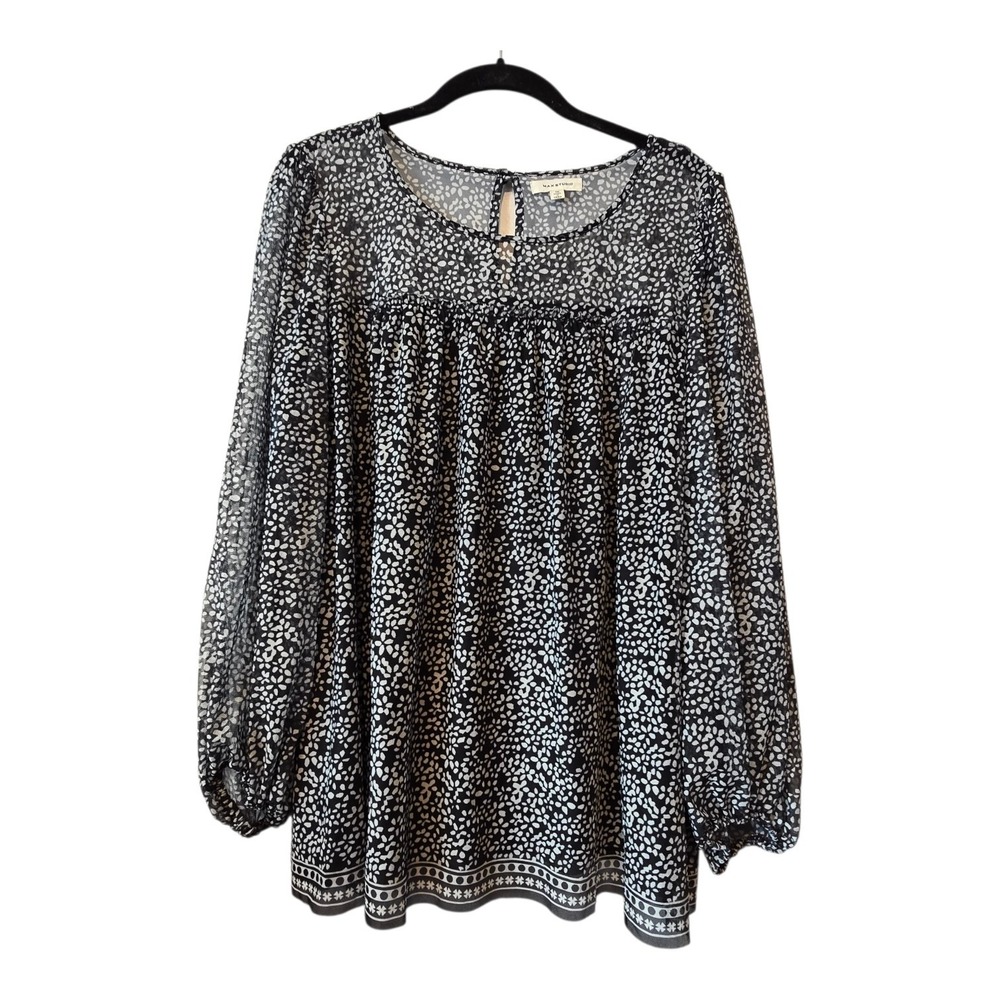 Max Studio Border Print Mesh Blouse Womens Plus 1X Black Tunic Boho Retro Lined